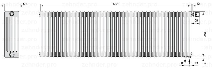 Схема (чертеж) Радиатор Zehnder Charleston 5090/39 №V002 Белый глянцевый RAL 9016